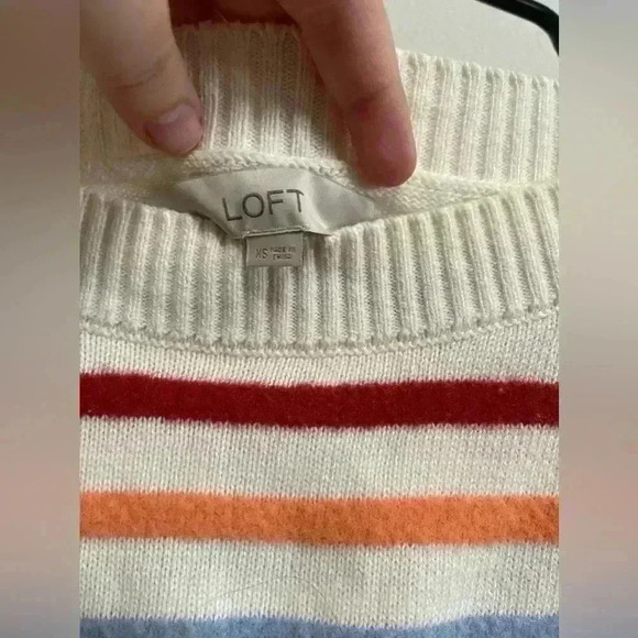 LOFT - Fuzzy Multicolor Striped Ribbed Trim Pullover Sweater - Size XS - Picture 3 of 5